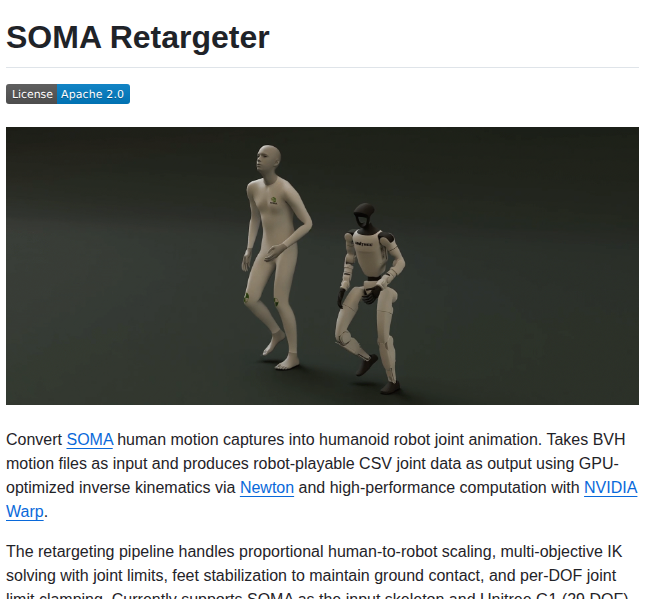 SOMA Retargeter — перенос BVH-движений на гуманоидного робота