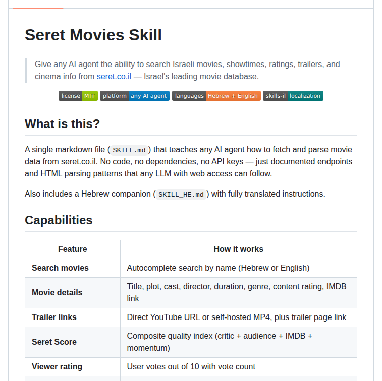 Seret Movies Skill — поиск киносеансов Израиля через AI-агента